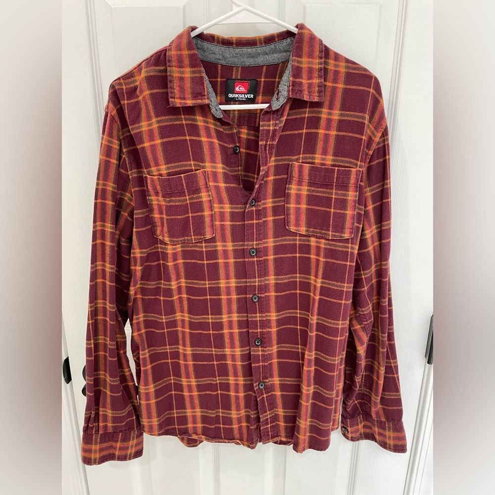 Quicksilver Red Brown Orange Flannel Button Down … - image 1